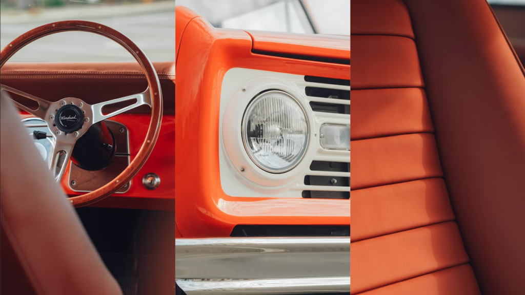 Collage of images highlighting the sleek, newly complete orange Ford Bronco with warm brown leather interior. 